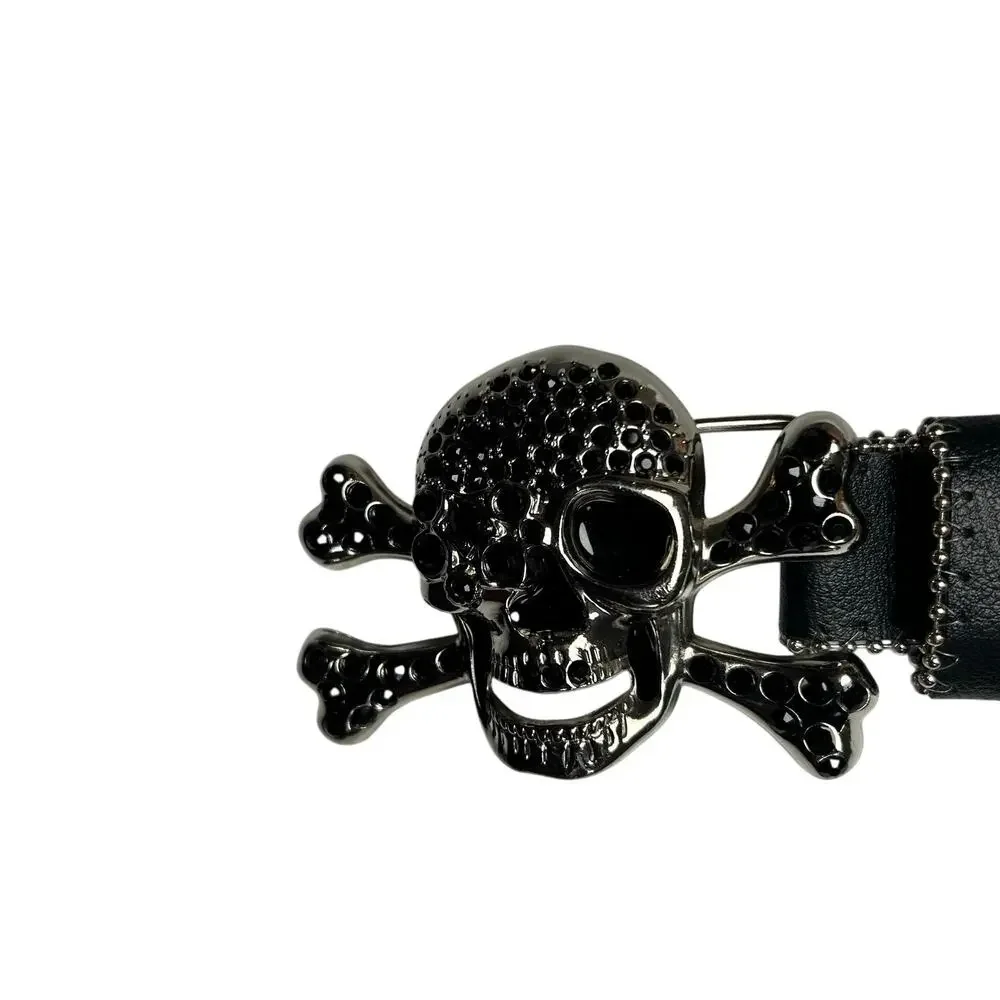 Pirate Belt Silver Rhinestone Skull Black Leather Glam Rock Goth Y2K Punk Grunge